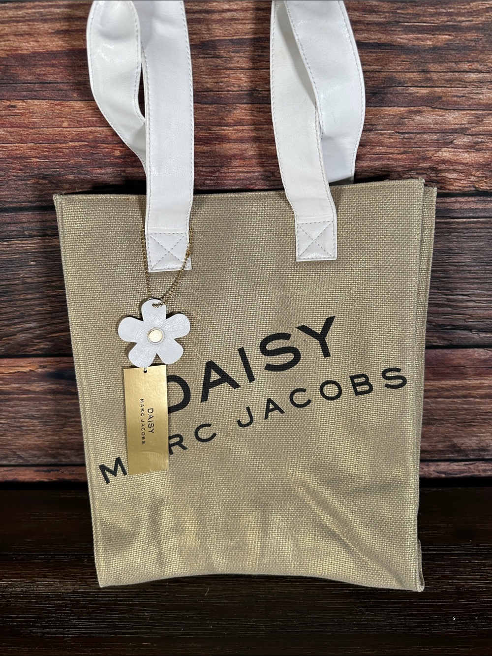 Marc Jacobs Gold Canvas Tote with White Handles and Daisy Charm